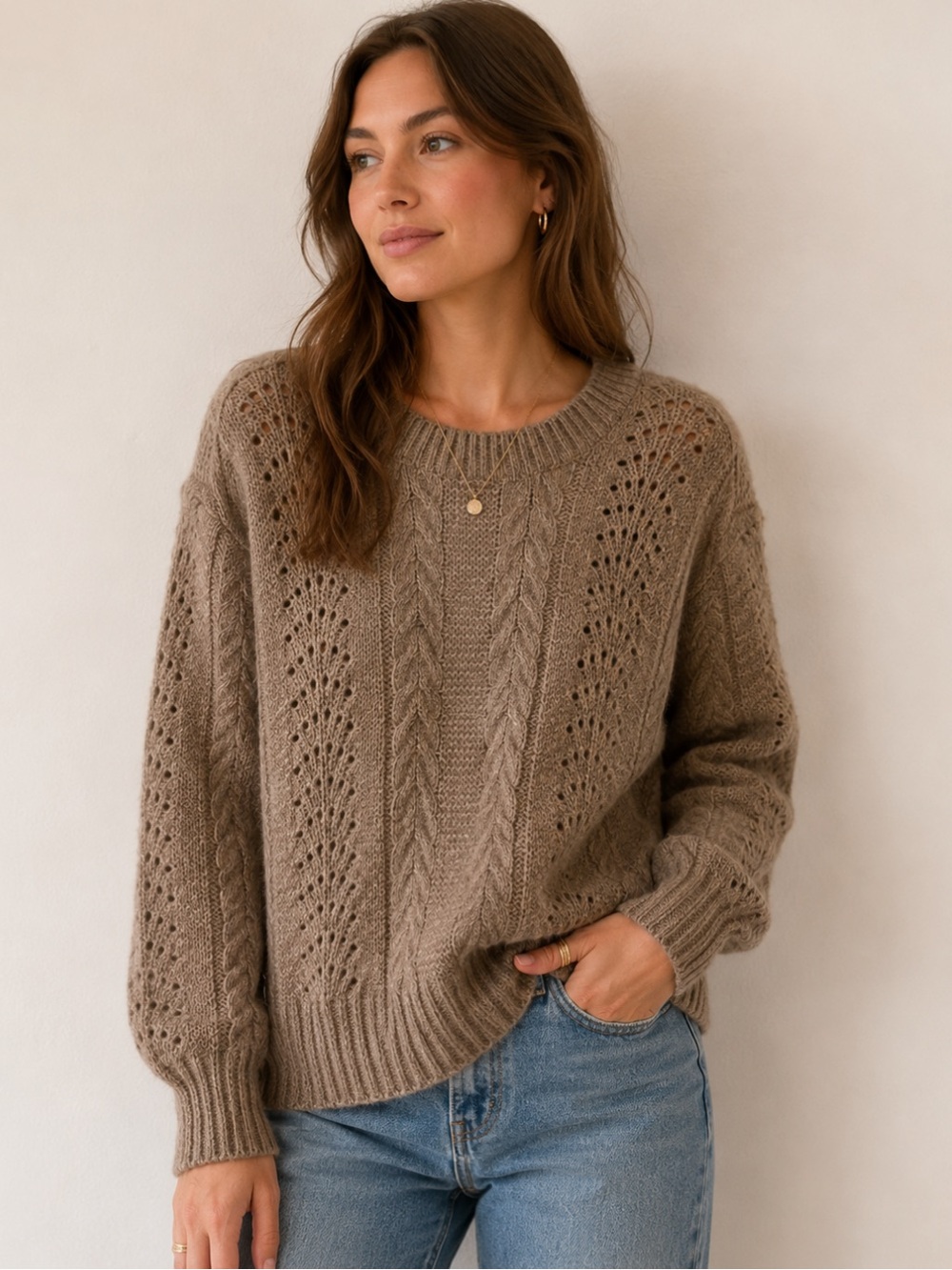 NWT Vince Cable Knit Crewneck Merino Wool Cashmere Blend Sweater, Size L